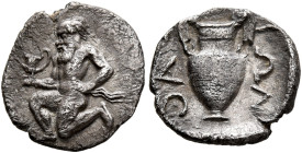 ISLANDS OFF THRACE, Thasos. Circa 412-404 BC. Trihemiobol (Silver, 12 mm, 0.80 g, 2 h). Bald satyr kneeling left, holding kantharos in his right hand ...