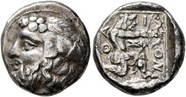 ISLANDS OFF THRACE, Thasos. Circa 411-340 BC. Drachm (Silver, 15 mm, 3.57 g, 6 h). Head of Dionysos to left, wearing wreath of ivy and fruit. Rev. ΘAΣ...
