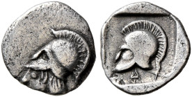 THRACO-MACEDONIAN TRIBES, Derrones (?). Circa 480-465 BC. Hemiobol (Silver, 7 mm, 0.23 g, 1 h). Head of Athena (?) to left, wearing crested Corinthian...