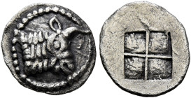 MACEDON. Akanthos. Circa 500-480 BC. Obol (Silver, 9 mm, 0.50 g). Head of a bull to right. Rev. Quadripartite incuse square. AMNG III/2, 15 and pl. VI...