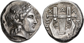 MACEDON, Chalkidian League. Circa 398-395 BC. Tetradrachm (Silver, 25 mm, 14.36 g, 12 h), Olynthos. Laureate head of Apollo to right. Rev. XAΛ-KIΔ-EΩИ...