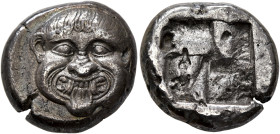 MACEDON. Neapolis. Circa 500-480 BC. Stater (Silver, 18 mm, 8.75 g). Facing gorgoneion with protruding tongue. Rev. Quadripartite incuse square. HGC 3...