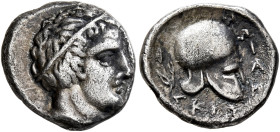 MACEDON. Skione. Circa 404-400 BC. Tetrobol (Silver, 12 mm, 1.77 g, 4 h), reduced standard. Youthful male head to right, wearing tainia. Rev. ΣKIΩ-NAI...