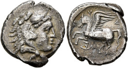 ILLYRIA. Dyrrhachion. Circa 344-300 BC. Drachm (Silver, 15 mm, 1.93 g, 6 h). Head of Herakles to right, wearing lion skin headdress. Rev. Ρ-Y-Δ Pegaso...