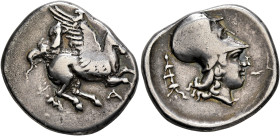 EPEIROS. Ambrakia. Circa 360-338 BC. Stater (Silver, 23 mm, 8.41 g, 11 h). A Pegasos flying right. Rev. Head of Athena to right, wearing Corinthian he...