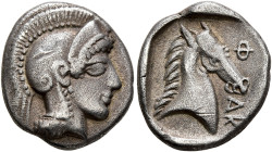 THESSALY. Pharsalos. Mid-late 5th century BC. Hemidrachm (Silver, 16 mm, 2.92 g, 6 h). Head of Athena to right, wearing crested Attic helmet. Rev. ΦAR...
