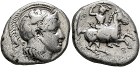 THESSALY. Pharsalos. Late 5th-mid 4th century BC. Drachm (Silver, 20 mm, 5.94 g, 12 h), signed by Telephantos and Th.... Head of Athena to right, wear...