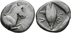 THESSALY, Thessalian League. Circa 470s-460s BC. Hemidrachm (Silver, 14 mm, 2.84 g, 2 h). Forepart of horse to right. Rev. ΦΕ-ΤΑ Grain kernel within i...