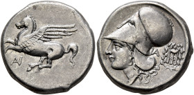 AKARNANIA. Anaktorion. Circa 350-300 BC. Stater (Silver, 20 mm, 8.42 g, 3 h). Pegasos flying left; below, monogram of AN. Rev. Head of Athena to left,...