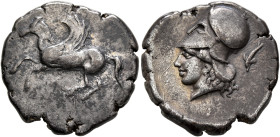 AKARNANIA. Leukas. Circa 400-360 BC. Stater (Silver, 22 mm, 8.48 g, 12 h). Λ Pegasos flying left. Rev. Head of Athena to left, wearing Corinthian helm...