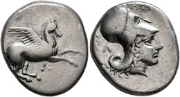 AKARNANIA. Leukas. Circa 350-320 BC. Stater (Silver, 20 mm, 8.16 g, 1 h). Λ Pegasos flying right. Rev. Head of Athena to right, wearing Corinthian hel...