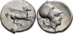 AKARNANIA. Leukas. Circa 350-320 BC. Stater (Silver, 20 mm, 8.26 g, 6 h). Λ Pegasos flying right. Rev. Head of Athena to right, wearing Corinthian hel...