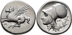 AKARNANIA. Leukas. Circa 320-280 BC. Stater (Silver, 20 mm, 8.55 g, 9 h). Λ Pegasos flying left. Rev. Head of Athena to left , wearng Corinthian helme...