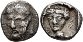 AKARNANIA. Stratos. Circa 425-380 BC. Hemidrachm (Silver, 12 mm, 2.20 g, 3 h). Bearded head of the river-god Achelöos, in the form of a man-headed bul...