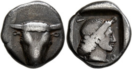 PHOKIS, Federal Coinage. Circa 457-446. Triobol (Silver, 13 mm, 2.86 g, 6 h). Facing head of a bull. Rev. Φ-O-K-I Head of Artemis to right, with her h...