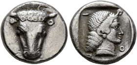 PHOKIS, Federal Coinage. Circa 457-446. Triobol (Silver, 14 mm, 2.39 g, 6 h). Facing head of a bull. Rev. Φ-O-K-I Head of Artemis to right, with her h...