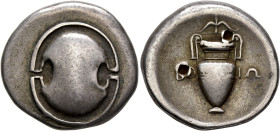 BOEOTIA, Federal Coinage. Circa 395-387 BC. Stater (Silver, 23 mm, 11.95 g, 5 h). Boeotian shield. Rev. ΒΟ-ΙΩ Amphora; above bow with arrow. BCD Boiot...