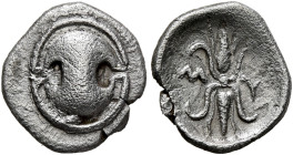 BOEOTIA. Mykalessos. Circa 400-375 BC. Obol (Silver, 11 mm, 0.82 g, 6 h). Boeotian shield. Rev. M-Y Thunderbolt; all within shallow round incuse. BCD ...