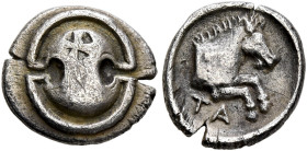 BOEOTIA. Tanagra. Early-mid 4th century BC. Obol (Silver, 10 mm, 0.80 g). Boeotian shield; countermark: four-spoked wheel within circular incuse. Rev....