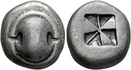 BOEOTIA. Thebes. 525-480 BC. Drachm (Silver, 15 mm, 5.60 g). Boeotian shield. Rev. Incuse square divided into eight sections, three raised, five incus...