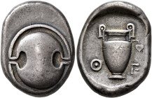BOEOTIA. Thebes. Circa 425-400 BC. Stater (Silver, 25 mm, 12.17 g). Boeotian shield. Rev. Θ-E Amphora; to right, ivy leaf; all within circular incuse....