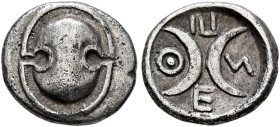 BOEOTIA. Thespiai. Early-mid 4th century BC. Obol (Silver, 10 mm, 0.96 g). Boeotian shield. Rev. Θ-Ε-Σ-ΠΙ Two crescents back to back within circular i...