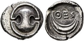 BOEOTIA. Thespiai. Early-mid 4th century BC. Obol (Silver, 10 mm, 0.84 g). Boeotian shield. Rev. ΘΕΣ Crescent composed of three lines. BCD Boiotia 601...