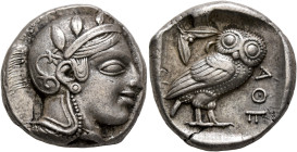 ATTICA. Athens. Circa 455-449 BC. Tetradrachm (Silver, 24 mm, 17.16 g, 10 h). Head of Athena to right, wearing crested Attic helmet decorated with thr...