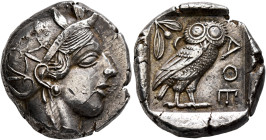 ATTICA. Athens. Circa 430s-420s BC. Tetradrachm (Silver, 25 mm, 17.21 g, 7 h). Head of Athena to right, wearing crested Attic helmet decorated with th...