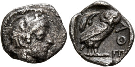 ATTICA. Athens. Circa 430s-420s BC. Obol (Silver, 10 mm, 0.58 g, 12 h). Head of Athena to right, wearing crested Attic helmet decorated with three oli...