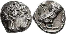 ATTICA. Athens. Circa 420s-404 BC. Tetradrachm (Silver, 23 mm, 17.17 g, 8 h). Head of Athena to right, wearing crested Attic helmet decorated with thr...