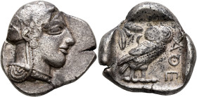 ATTICA. Athens. Circa 420s-404 BC. Tetradrachm (Silver, 27 mm, 17.20 g, 12 h). Head of Athena to right, wearing crested Attic helmet decorated with th...
