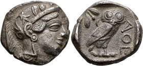 ATTICA. Athens. Circa 420s-404 BC. Tetradrachm (Silver, 25 mm, 17.25 g, 7 h). Head of Athena to right, wearing crested Attic helmet decorated with thr...