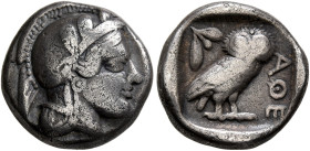 ATTICA. Athens. Circa 420s-404 BC. Drachm (Silver, 14 mm, 4.08 g, 11 h). Head of Athena to right, wearing crested Attic helmet decorated with three ol...