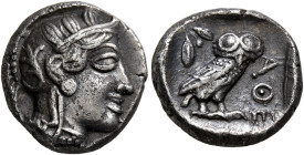 ATTICA. Athens. Circa 420s-404 BC. Drachm (Silver, 14 mm, 4.24 g, 9 h). Head of Athena to right, wearing crested Attic helmet decorated with three oli...