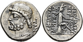 KINGS OF PARTHIA. Phraates II, 132-126 BC. Drachm (Silver, 17 mm, 3.43 g, 12 h), Tambrax, circa 128-127. Diademed and draped bust of Phraates II to le...