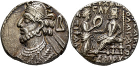 KINGS OF PARTHIA. Vologases III, circa 105-147. Tetradrachm (Billon, 27 mm, 13.40 g, 12 h), Seleukeia on the Tigris, SE 436 = 124/5. Diademed and drap...