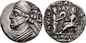 KINGS OF PARTHIA. Vologases III, circa 105-147. Tetradrachm (Billon, 27 mm, 13.61 g, 12 h), Seleukeia on the Tigris, SE 434, Panemos = June 122. Diade...