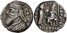 KINGS OF PARTHIA. Vologases IV, circa 147-191. Tetradrachm (Billon, 26 mm, 8.03 g, 12 h), Seleukeia on the Tigris, SE 464, Apellaios = November 152. D...