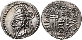 KINGS OF PARTHIA. Osroes II, circa 190-208. Drachm (Silver, 19 mm, 3.72 g, 12 h), Ekbatana. Diademed and draped bust of Osroes II to left, wearing tia...