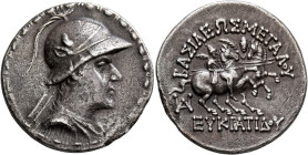 BAKTRIA, Greco-Baktrian Kingdom. Eukratides I, circa 170-145 BC. Tetradrachm (Silver, 29 mm, 16.62 g, 12 h), Baktra or an uncertain mint in the Paropa...