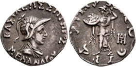 BAKTRIA, Indo-Greek Kingdom. Menander I, circa 165/55-130 BC. Drachm (Silver, 17 mm, 2.41 g, 12 h), Indian standard, uncertain mint in Paropamisadai o...