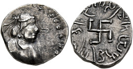INDO-SKYTHIANS, Paratarajas. Yolamira, circa 125-150. Drachm (Silver, 18 mm, 1.97 g), Quetta District (Balochistan). Diademed and draped bust of Hvara...