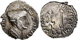 INDO-SKYTHIANS, Western Satraps. Nahapana, circa 53-99. Drachm (Silver, 17 mm, 2.22 g, 12 h). PANNIⲰ ΣΑHAPATAC NAHAPANAC ('in Greek') Head of Nahapana...