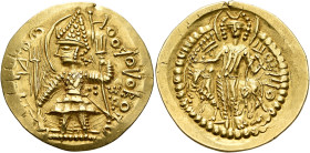 INDIA, Kushan Empire. Vasudeva I, circa 192-225. Dinar (Gold, 27 mm, 7.96 g, 12 h), a Kushano-Sasanian imitation issued under Ardashir (circa 230-250)...