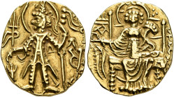 INDIA, Kushan Empire. Vasudeva II, circa 290-310. Dinar (Gold, 22 mm, 7.80 g, 12 h), main mint in Mathura or Gandhara. BAZOΔHO ('Vasudeva' in Batrian)...