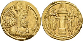 SASANIAN KINGS. Shapur I, 240-272. Dinar (Gold, 20 mm, 7.42 g, 3 h), style P, mint I (‘Ktesiphon’), struck after 258. Diademed and draped bust of Shap...