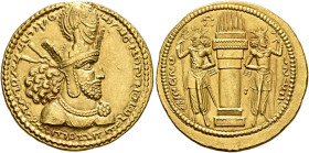 SASANIAN KINGS. Shapur I, 240-272. Dinar (Gold, 22 mm, 7.46 g, 3 h), mint III (‘Hamadan?’). Diademed and draped bust of Shapur I to right, wearing mur...