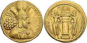 SASANIAN KINGS. Shapur I, 240-272. Dinar (Gold, 21 mm, 7.38 g, 3 h), unknown mint. Diademed and draped bust of Shapur I to right, wearing mural crown ...