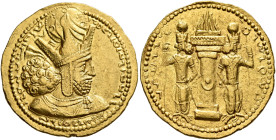 SASANIAN KINGS. Shapur I, 240-272. Dinar (Gold, 22 mm, 7.05 g, 3 h), mint VI (‘Sakastan?’). Diademed and draped bust of Shapur I to right, wearing mur...
